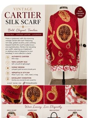 Cartier Red & Gold Silk Scarf with Leopard Motif